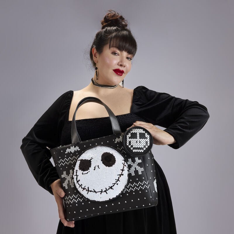 Loungefly Disney The Nightmare Before Christmas Jack Skellington Reversible Sequins Tote Crossbody Bag with Coin Bag - The Happy Toy Store