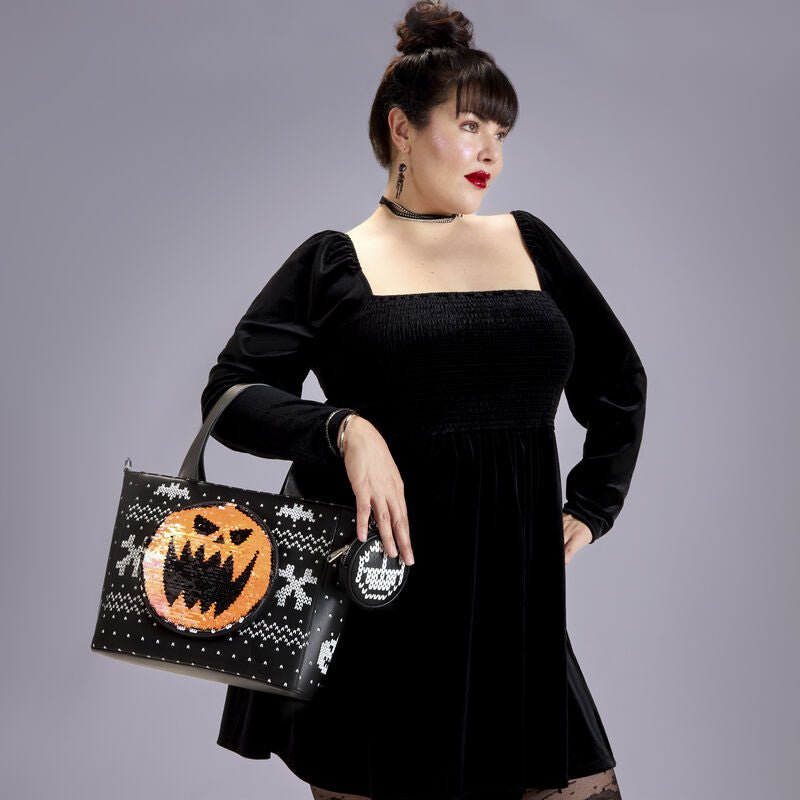 Loungefly Disney The Nightmare Before Christmas Jack Skellington Reversible Sequins Tote Crossbody Bag with Coin Bag - The Happy Toy Store