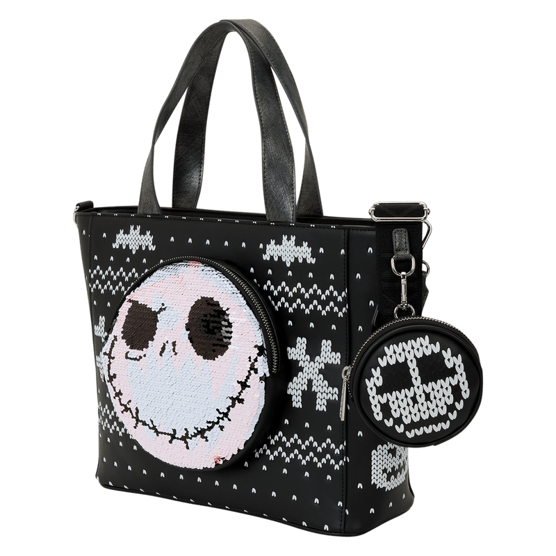 Loungefly Disney The Nightmare Before Christmas Jack Skellington Reversible Sequins Tote Crossbody Bag with Coin Bag - The Happy Toy Store
